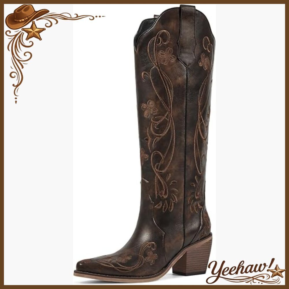 Knee High Western Boots with Floral Embroidery, Chunky Heel, Pull On Design